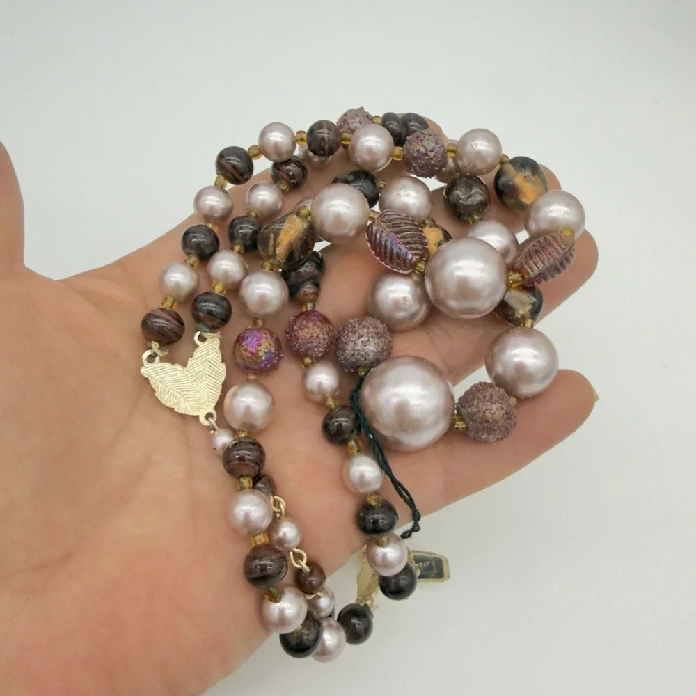 Vtg 50s Coro Iridescent Molded Glass Necklace Double Strand Orig. Tag Japan NOS